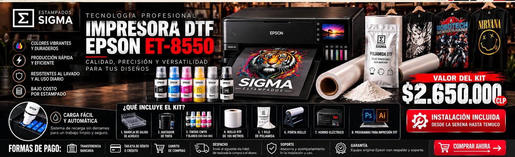 Impresora DTF Epson ET-8550: kit para emprender, valor $2.650.000