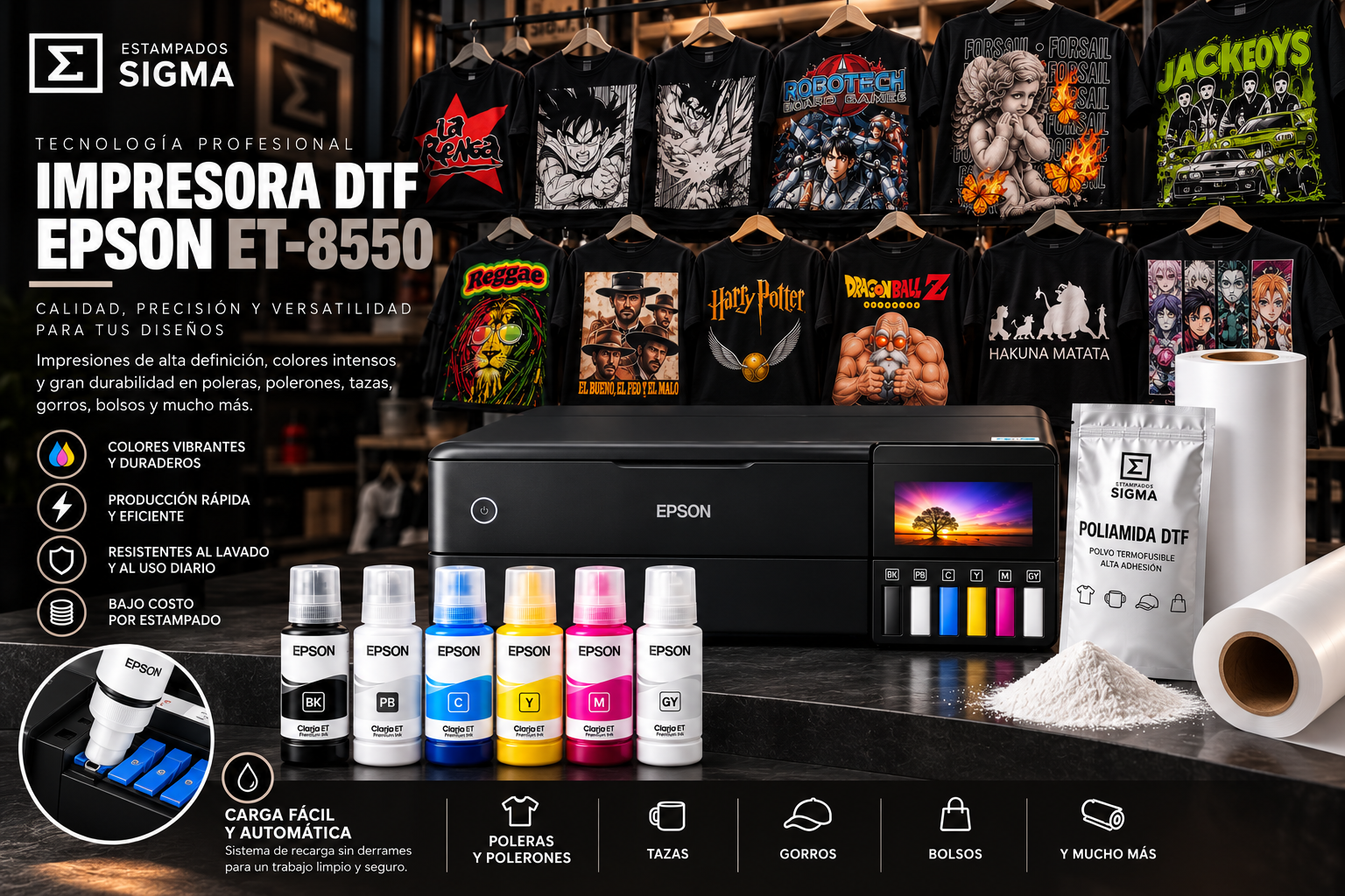Presentación de impresora DTF Epson ET-8550 con tintas e insumos DTF