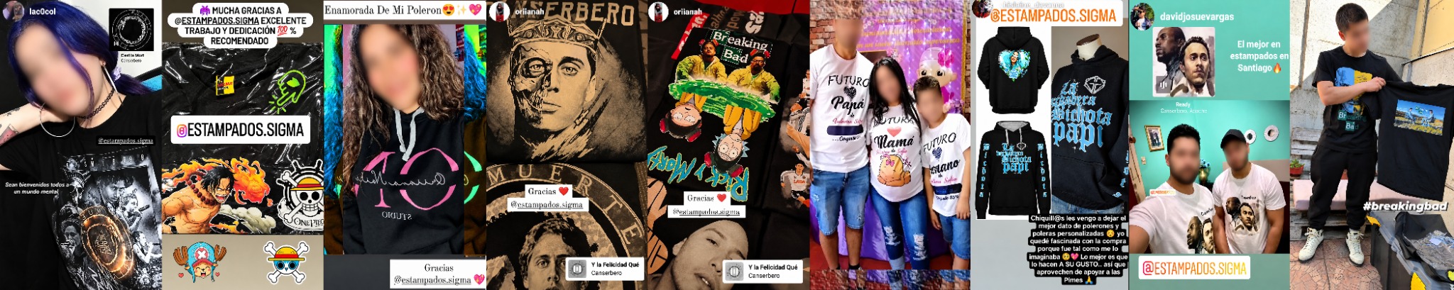 Trabajos reales de ESTAMPADOS.SIGMA: poleras y polerones personalizados, diseños musicales, anime y pedidos familiares